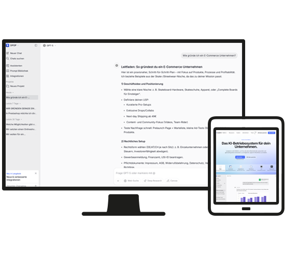Ein Computerbildschirm und Tablet mit Beispielansichten von Langdock.